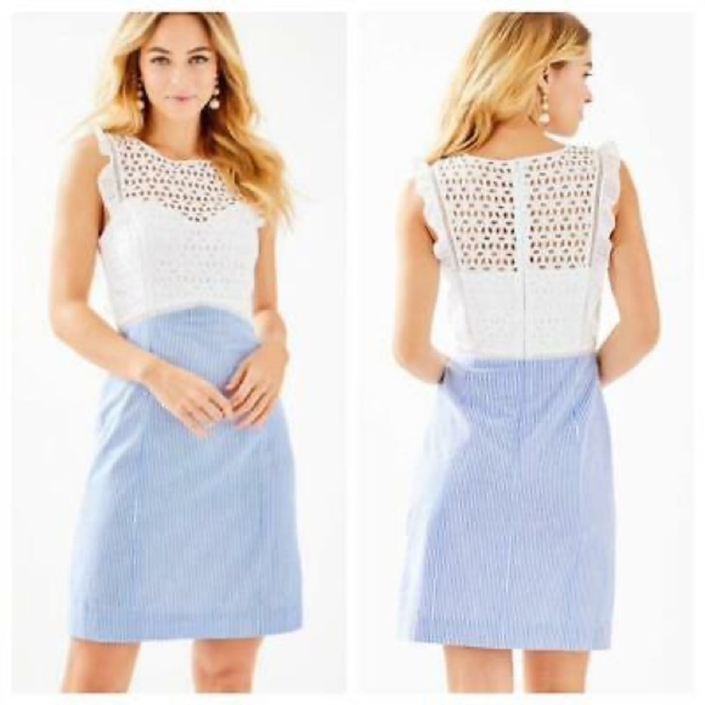 Lilly Pulitzer MAYA SHIFT DRESS Coastal Blue Seersucker White EYELET